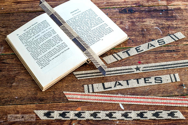 Create a Latte bookmark (and more!) on burlap ribbon with Funky Junk's Old Sign Stencils