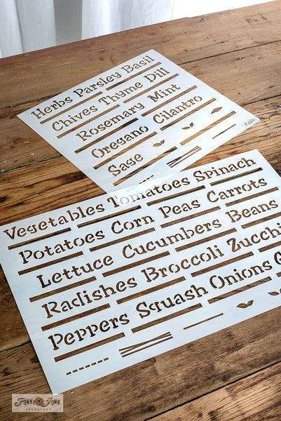 Garden Labels stencils with Herbs and Vegetables by Funky Junk's Old Sign Stencils help you easily create garden plant stake labels! Designed to fit cedar stakes, in a hand written font, & includes border and leaf graphics to decorate your garden stakes! Includes peek holes for easy text alignment.