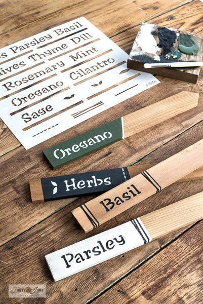 Garden Labels stencils with Herbs and Vegetables by Funky Junk's Old Sign Stencils help you easily create garden plant stake labels! Designed to fit cedar stakes, in a hand written font, & includes border and leaf graphics to decorate your garden stakes! Includes peek holes for easy text alignment.