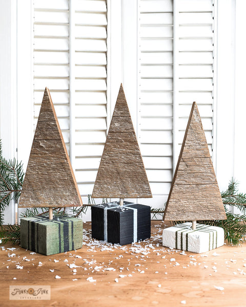 Stencil present ribbon on wood blocks to create these charming scrap wood Chrismtas trees in presents! With Grain Sack Stripes from Funky Junk's Old Sign Stencils!