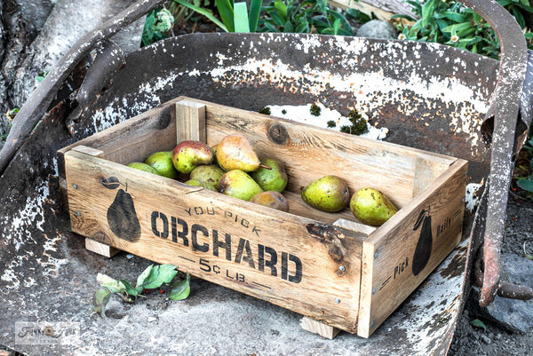 Build and stencil your own You Pick Orchard crate, with stencils from Funky Junk's Old Sign Stencils!