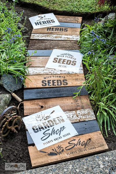 Learn how to make this charming garden walkway from scrap wood and garden-themed Funky Junk's Old Sign Stencils! Click for stencils and full tutorial.