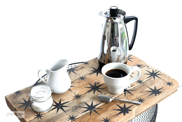 Retro Star stencil by Funky Junk's Old Sign Stencils is a repeating, reusable pattern stencil that mimics the popular vintage star tiles! However this pattern is scaled smaller, so you can get the vintage star look on any sized project desired!  The star design includes large and small starburst images.
