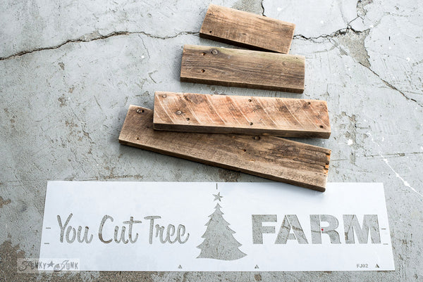 You Cut Tree Farm with Funky Junk's Old Sign Stencils. Paint professional looking Christmas tree signs onto reclaimed wood in minutes with this festive stencil! Christmas tree graphic is included.