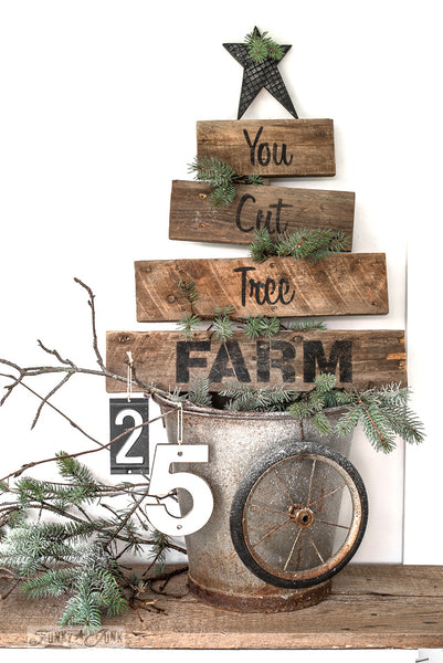 You Cut Tree Farm with Funky Junk's Old Sign Stencils. Paint professional looking Christmas tree signs onto reclaimed wood in minutes with this festive stencil! Christmas tree graphic is included.