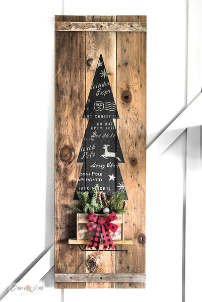 Learn how to make this charming rustic Christmas tree vertical sign using Tall Christmas Tree in Crate and Christmas Crates from Funky Junk's Old Sign Stencils!