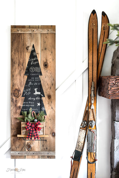 Learn how to make this charming rustic Christmas tree vertical sign using Tall Christmas Tree in Crate and Christmas Crates from Funky Junk's Old Sign Stencils!