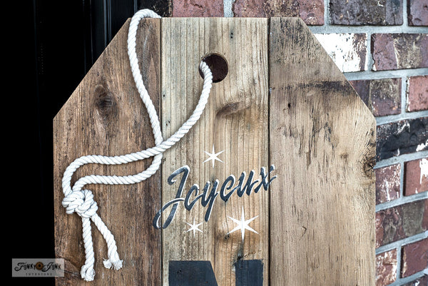 Make this rustic Joyeux Noel gift tag Christmas sign with an Argyle ornament with Funky Junk's Old Sign Stencils!