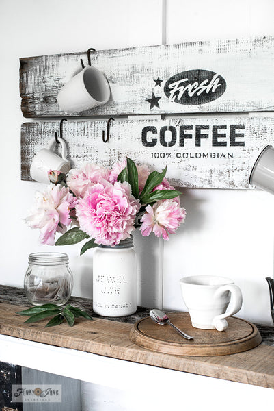 The Fresh Coffee stencil by Funky Junk's Old Sign Stencils celebrates our favorite beverage! Styled as a logo, this coffee stencil design looks fabulous stenciled as a crate stamp, sign, on pillow covers and fits perfectly on most smaller scaled projects.
