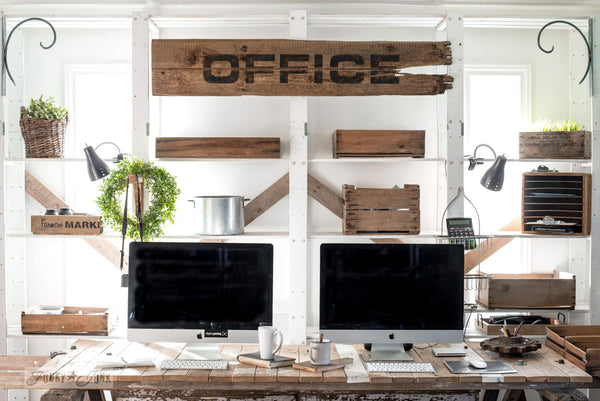 Make this large Office sign on reclaimed wood easily with a stencil, loaded with farmhouse charm using Funky Junk's Old Sign Stencils!