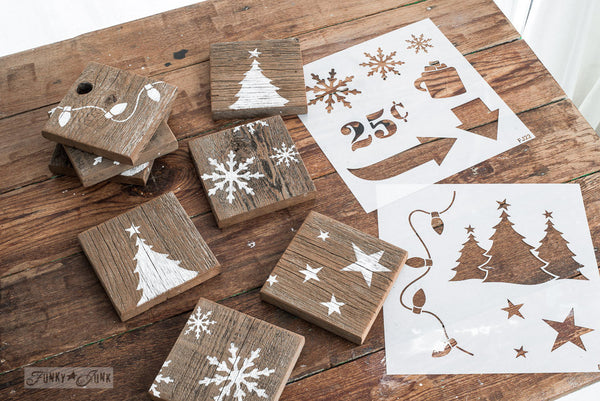 Reclaimed wood coasters made with Winter Graphics by Funky Junk's Old Sign Stencils. Paint professional looking winter themed designs consisting of 3 sizes of snowflakes, hot cocoa, 2 arrows, and 25 cents this stencil! All designs on one sheet.