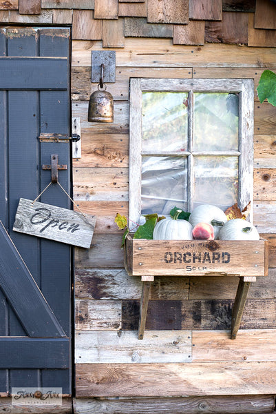 Make a sweet rustic fall window box using scrap wood and You Pick Orchard from Funky Junk's Old Sign Stencils! Click to stencil and to view tutorial link!