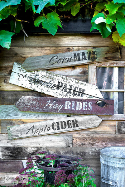 Learn how to make these charming rustic directional fall signs using scrap wood and Funky Junk's Old Sign Stencils! Click to this stencil listing, and to the link that leads to the tutorial!