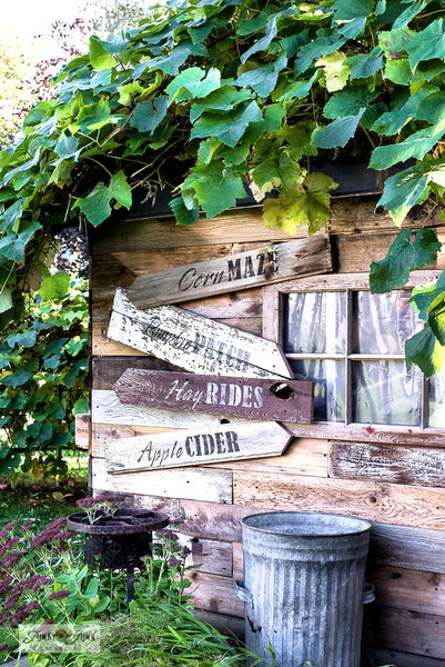 Learn how to make these charming rustic directional fall signs using scrap wood and Funky Junk's Old Sign Stencils! Click to this stencil listing, and to the link that leads to the tutorial!