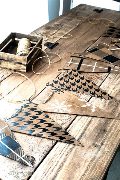 Create this adorable patterned banner with Buffalo Check, Plaid, Houndstooth and more with Funky Junk's Old Sign Stencils