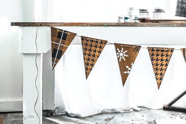 Create this adorable patterned banner with Winter Graphics, Buffalo Check, Plaid, Houndstooth and more with Funky Junk's Old Sign Stencils