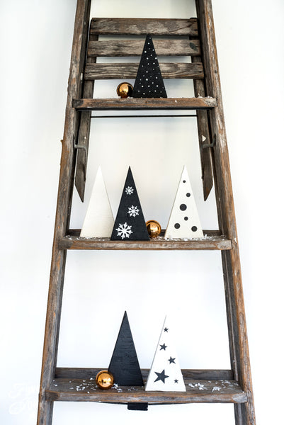 Pencil Christmas Trees stencil by Funky Junk's Old Sign Stencils is a Christmas stencil kit that includes 3 tall skinny rectangle Christmas trees in different sizes, each with its own unique sleigh, present or crate tree skirts. Included are 4 ways to decorate the trees with ornaments, snowfall, stars and snowflakes.