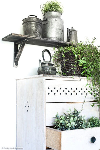Create vintage vent holes without drilling into your projects with the Vent Holes stencil by Funky Junk's Old Sign Stencils! This 1-piece stencil offers various vintage cupboard ventilation holes or punched tin holes, scaled for larger furniture right down to small tin projects such as plant pots or buckets.