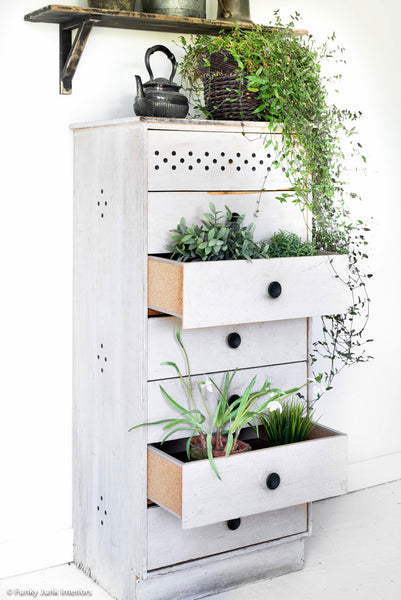 Create vintage vent holes without drilling into your projects with the Vent Holes stencil by Funky Junk's Old Sign Stencils! This 1-piece stencil offers various vintage cupboard ventilation holes or punched tin holes, scaled for larger furniture right down to small tin projects such as plant pots or buckets.